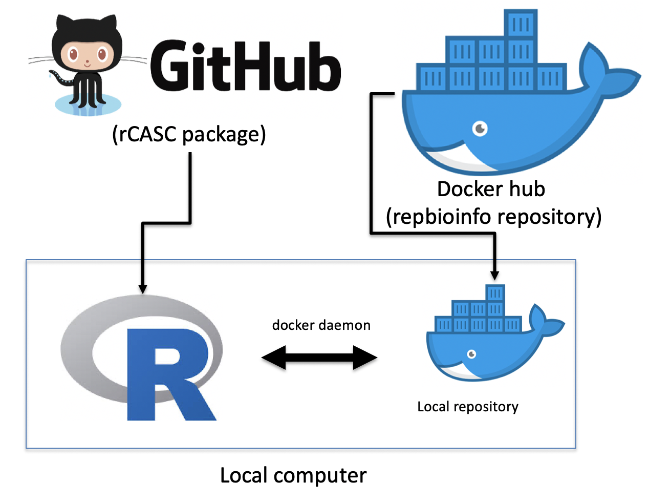 **Figure rCASC organization**. rCASC is available as R package in github repository. rCASC can be installed locally using *install_github* function from devtools R library. A local installation of the docker images required for the analysis can be done with *downloadContainers* function of rCASC package. A local installation of rCASC acts as workflow manage, which interacts with the local docker repository via a specific daemon, to execute scRNAseq data analyses