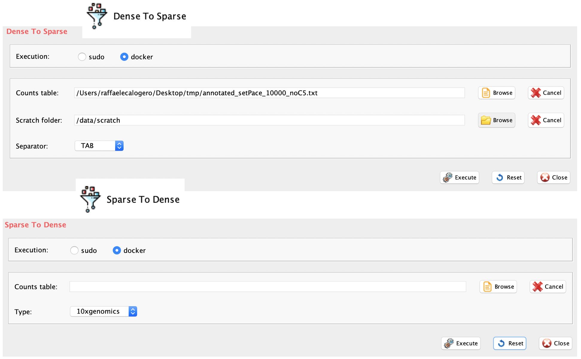 GUI: dense to sparse and  sparse to dense matrix conversion panels